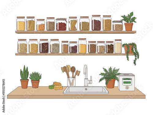 Organized kitchen interior illustration showing shelves with dry food in jars, a sink, and eco-friendly items for sustainable living.