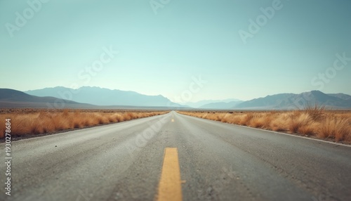 Empty asphalt road stretches towards distant mountains under a clear blue sky. Dry golden grass lines the path, signifying a journey into the wilderness.