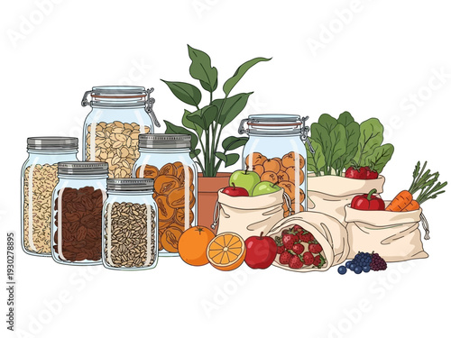 Assortment of fresh fruits, vegetables, and pantry staples in jars and reusable bags, promoting healthy and sustainable living concept