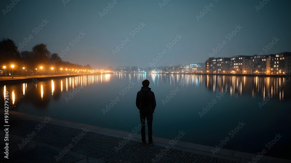 Fototapeta premium A lone figure stands by a tranquil urban waterfront at night gazing at city lights and their reflections