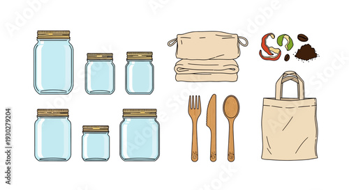 Showcasing sustainable daily essentials for an eco-friendly household, a comprehensive illustration of zero waste living items.