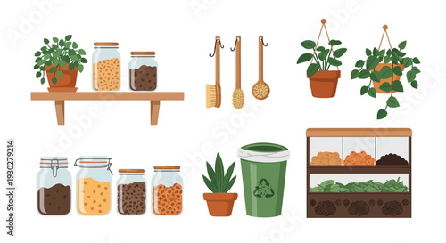 Illustrated collection of sustainable living essentials: zero waste products, bulk food storage, eco-friendly items, and recycling.