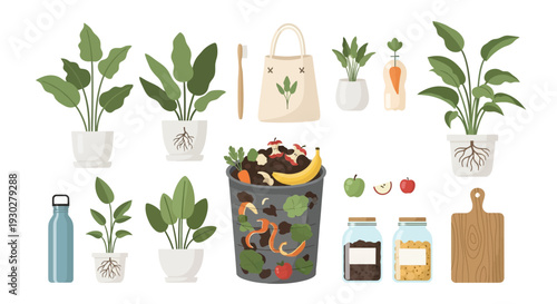 Vector illustration of sustainable living essentials: composting organic waste, reusable items, and various potted plants.