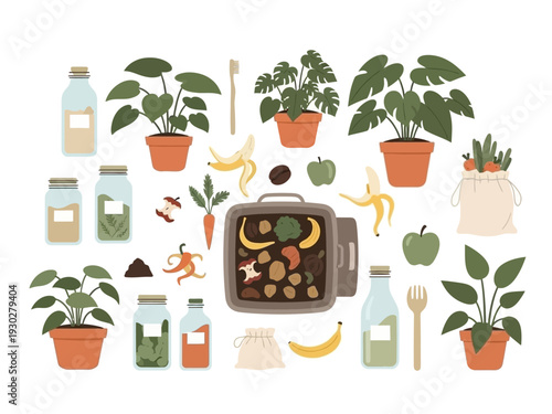 An illustrative guide to sustainable living, showcasing zero waste practices, composting organic materials, and eco-conscious essentials.