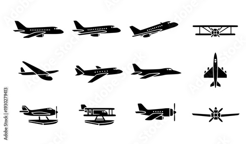Minimalist airplane silhouette vector icon set