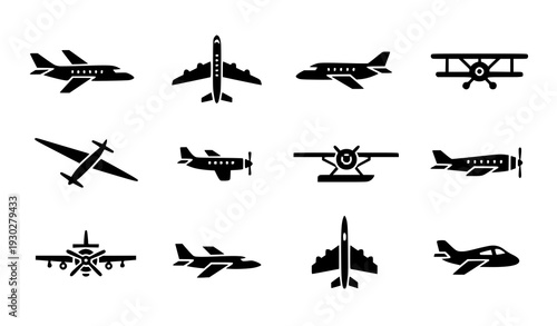 Travel and aviation minimalist airplane silhouette vector icons