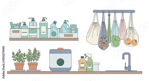 Eco-friendly home kitchen organization: illustration of cleaning supplies, potted plants, and reusable produce bags.