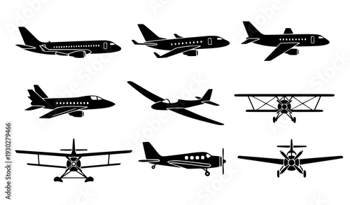 Airplane symbols silhouette vector set for travel and aviation
