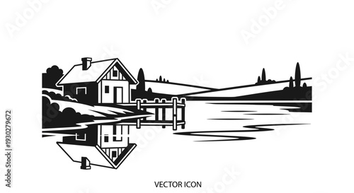 Vector Icon: Lakeside Cabin with Pier and Reflection, Serene Landscape