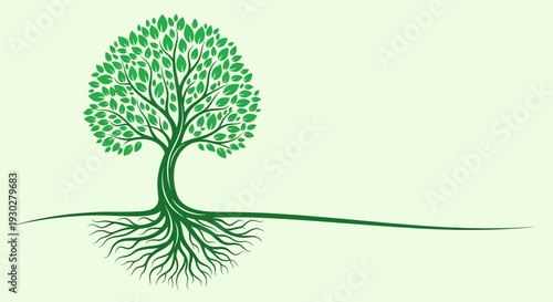 Vibrant Green Tree with Extensive Root System on Light Green Background