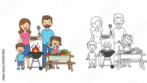Happy family having summer BBQ picnic cartoon vector illustration with coloring book page version showing parents and children cooking outdoor