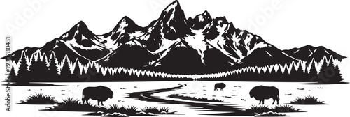 Foto Wyoming Mountain Landscape Silhouette, Vector Illustration, Isolated on White Ba
