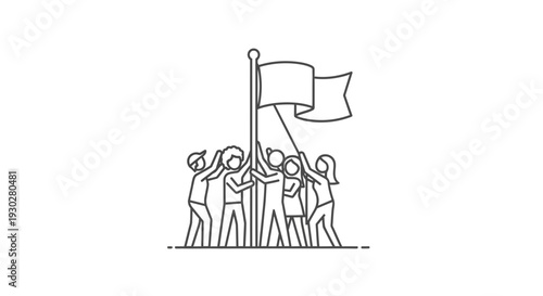 Team raising flag on mountain top, success, teamwork, achievement, victory, leadership, goals
