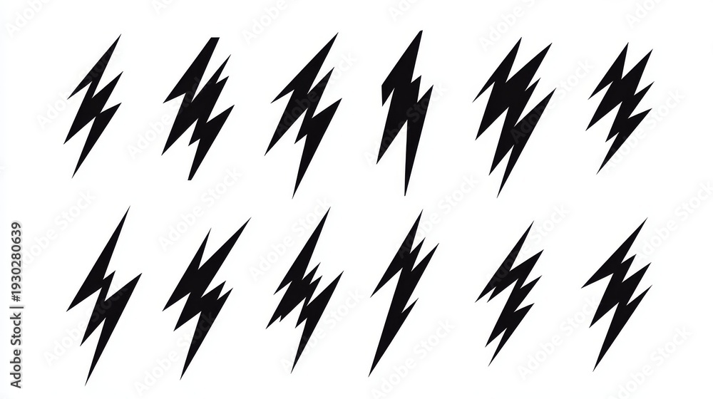 Fototapeta premium 62.Set of minimalist black lightning bolt icons with sharp angular designs, isolated on clean white background in uniform vector style