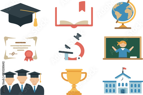 Education Icon Set with Graduation Cap Books Microscope School Building and Academic Symbols for Learning Concept