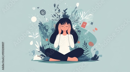 69.Flat design character of a young woman holding her head in pain surrounded by chaotic symbols, contrasted with her calm version meditating in a tranquil background