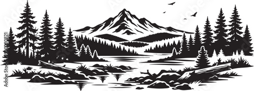 Foto Oregon Forest Landscape Silhouette, Vector Illustration, Isolated on White Backg