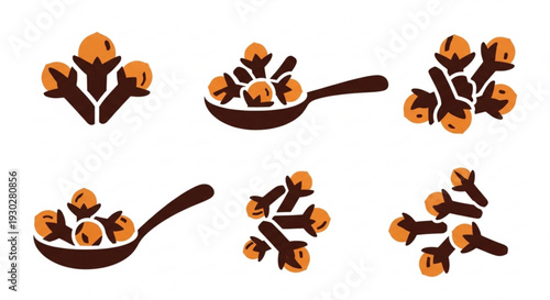 Six brown spoons with orange and brown beans or seeds on white background for food or nutrition concept