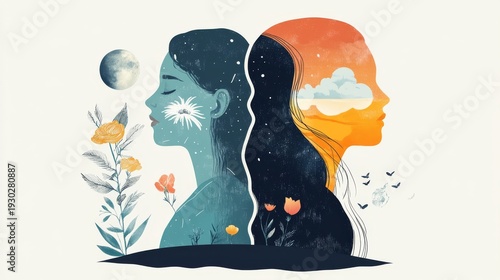 71.Conceptual mental health illustration showing woman with emotional changes, one scene filled with PMS stress signs, and another with relaxed breathing in a balanced atmosphere