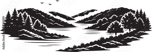 Ohio River Valley Landscape Silhouette, Vector Illustration, Isolated on White Background