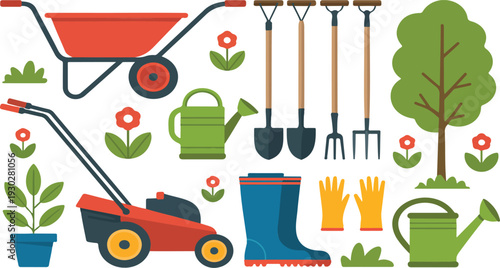 Gardening Tools Illustration Set with Lawn Mower Wheelbarrow Shovel Rake Watering Can and Plants
