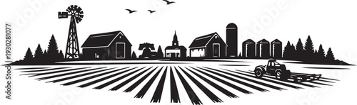 Nebraska Farmland Landscape Silhouette, Vector Illustration, Isolated on White Background