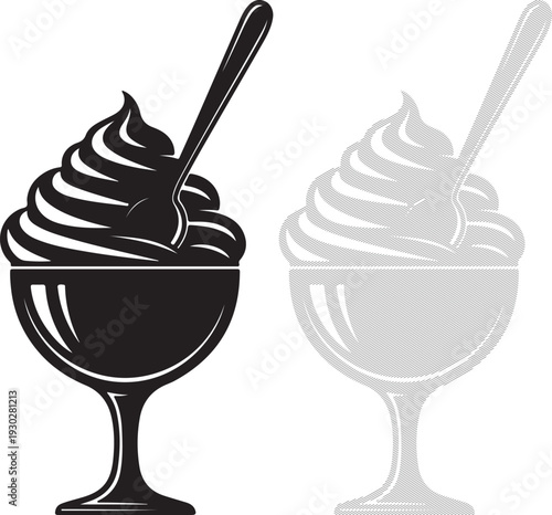 black and white vector illustration of ice cream sundaes with spoons in tall glasses on transparent background