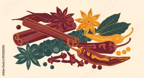 Spices and herbs illustration with cinnamon sticks chili peppers star anise and green leaves on beige background