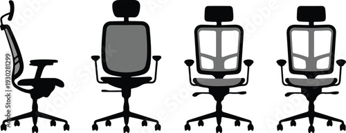 Ergonomic Office Chair Silhouettes Set in Multiple Views Vector Illustration for Workplace Furniture Design