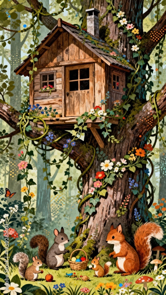Fototapeta premium Squirrels gather near a floral treehouse in a vibrant forest setting