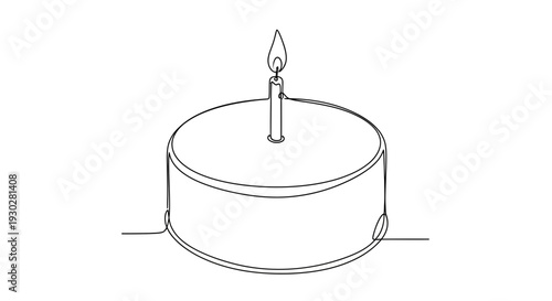 Single Line Drawing of a Birthday Cake with a Lit Candle