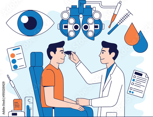 Eye examination at ophthalmology clinic with optometrist and patient, vision test equipment and healthcare illustration concept