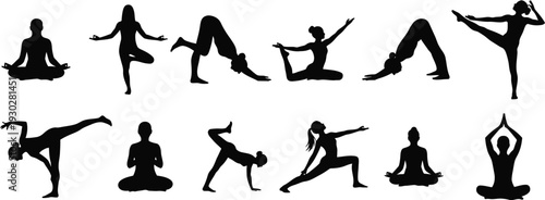 Silhouettes of people performing various yoga poses and stretching exercises on a transparent background, fitness and wellness concept