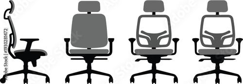 Ergonomic Office Chair Silhouettes Set in Multiple Views Vector Illustration for Workplace Furniture Design