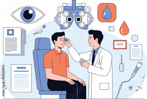 Eye examination at ophthalmology clinic, optometrist testing patient vision, modern eye care, medical checkup illustration vector