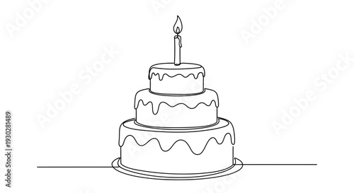 Single Line Drawing of a Three-Tiered Birthday Cake with a Lit Candle