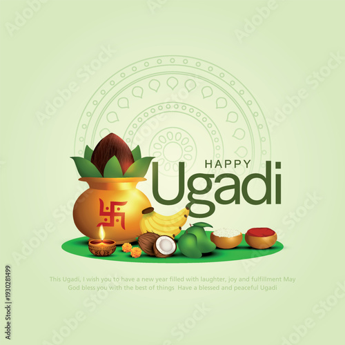 Happy Ugadi New Year festival. Holiday celebrated in Karnataka and Andhra Pradesh. Creative vector illustration design.