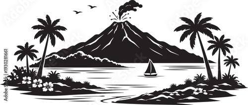 Hawaii Island Landscape Silhouette, Vector Illustration, Isolated on White Background