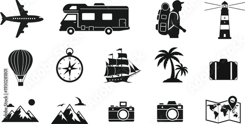 Travel and tourism icons set featuring plane camper backpacker lighthouse balloon compass ship palms suitcase mountains camera and map for adventure planning and vacation design