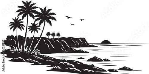 California Coastal Landscape Silhouette, Vector Illustration, Isolated on White Background