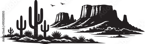 Arizona Desert Landscape Silhouette, Vector Illustration, Isolated on White Background