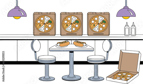 Retro Fast Food Diner Interior Illustration with Pizza Boxes Hot Dogs and Counter Seating