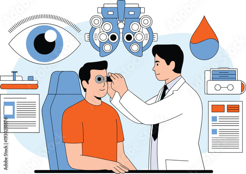 Eye examination concept illustration, optometrist checking patient vision test ophthalmology clinic healthcare diagnostic vector art