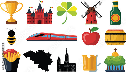 Belgium Symbols Collection Vector Set Featuring Travel Culture Landmarks Food and National Icons