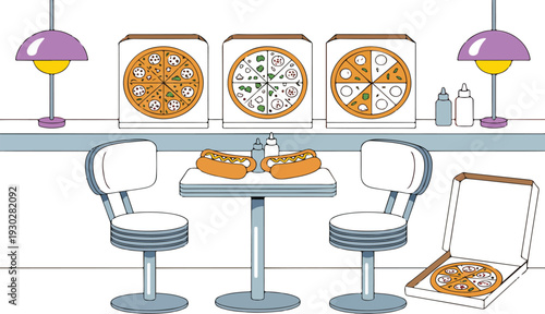 Retro Fast Food Diner Interior Illustration with Pizza Boxes Hot Dogs and Counter Seating