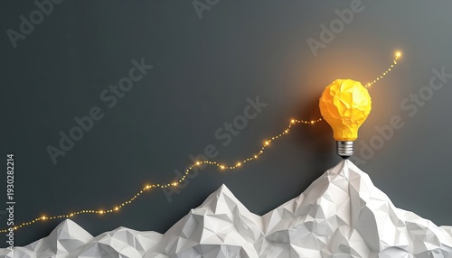 Idea ascends mountain peak as glowing path. Represents innovation growth and new concept realization. Bright lightbulb symbolizes success and creative thought leading to achievement.