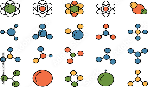 Atom and Molecule Vector Icon Set with Chemical Structure Models and Science Symbols for Education and Laboratory Design