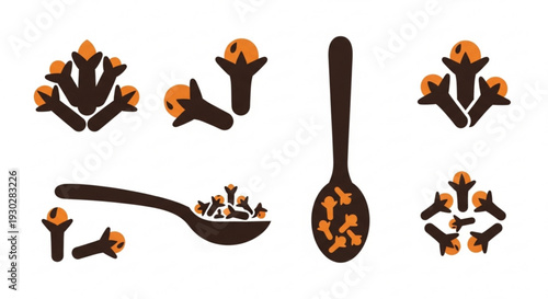 Clove spice icons with spoon on white background aromatic culinary ingredients