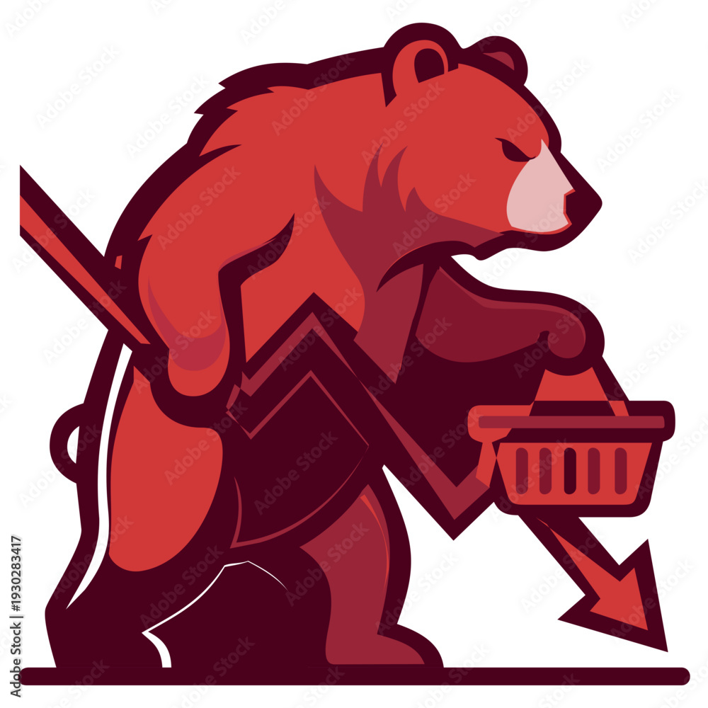 Fototapeta premium Bear carries shopping basket while gripping a downward trend line. Design features bold colors and clear lines. Concept of finance, market trends, retail, investment