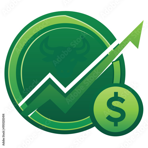 Graphic shows a bull market symbol with a rising graph and dollar sign. Emphasizes financial growth and investment opportunities. Concept of finance, trading, stock market